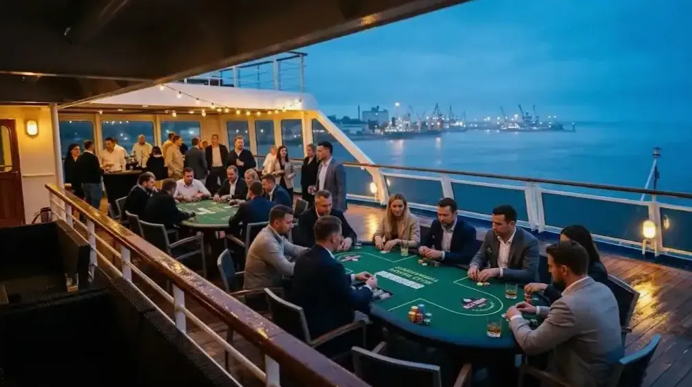 Stół pokerowy na pokładzie o zachodzie